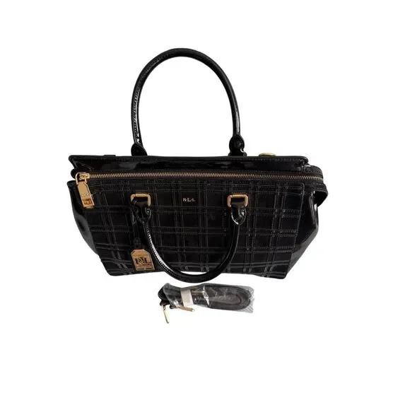 Lauren Ralph Lauren Womens Black Patent Leather Crossbody Satchel Bag Large - Picture 12 of 14